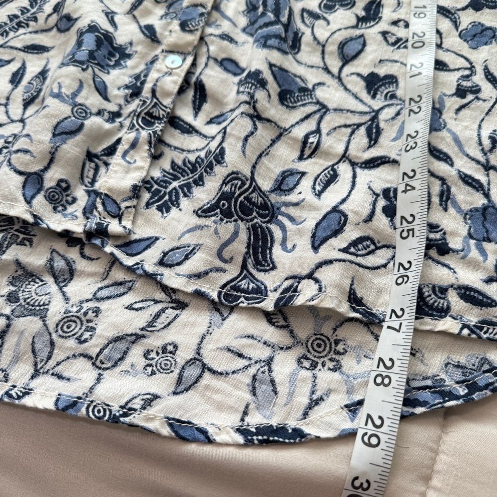 Linen Floral Shirt Coastal Chic Boho Resort Blouse Blue White Euro Summer Top - Picture 8 of 11